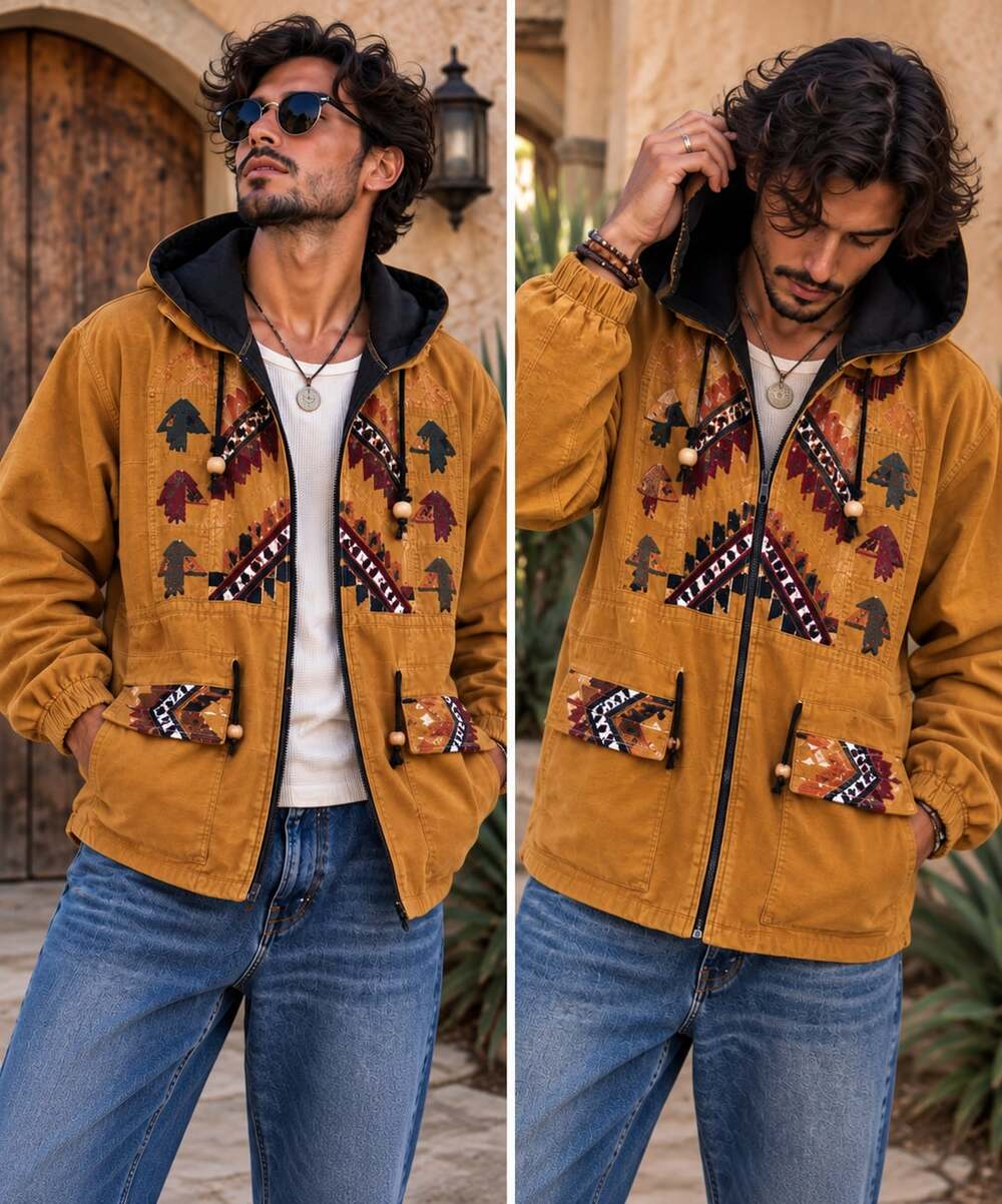 Vintage Guatemalan Corduroy Jacket L Woven Aztec Boho Southwestern Hooded
